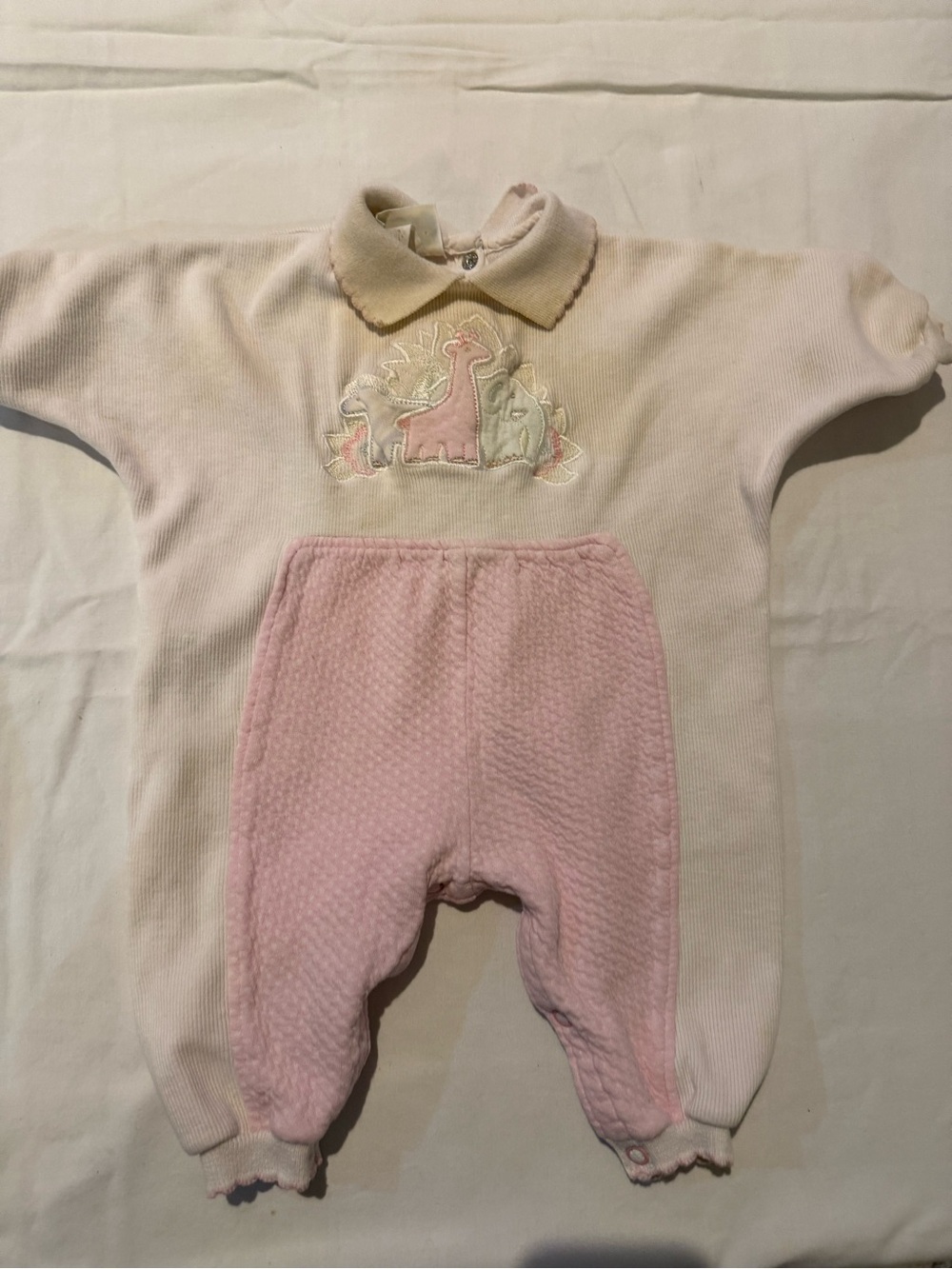 Vintage 1990 Cream and Pink Giraffe Appliqué Baby Footie